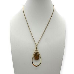 Handmade Polished rock stone pendant necklace gold toned chain